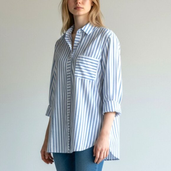 Chico’s No-Iron Blue White Striped Shirt Size 3 (XL) - Picture 1 of 7
